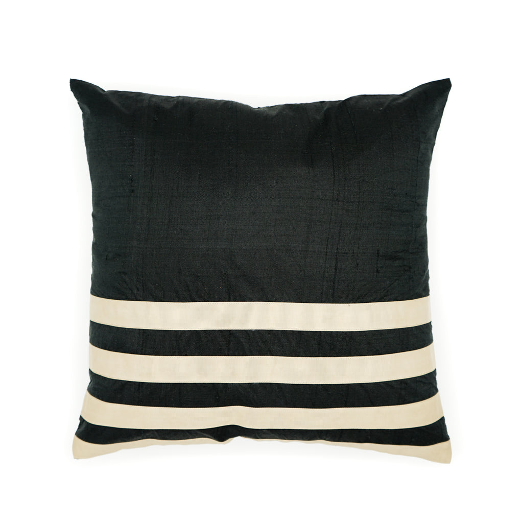Minimalist and elegant are called for this silk cushion. The plain black silk with cotton stripes across the body give a contemporary and classic look to the cushion itself and to the room.   Thanks to its standard size which can be used with most of the cushions in your home.  Cushion cover size 40 x 40 cm Cushion pad is not included