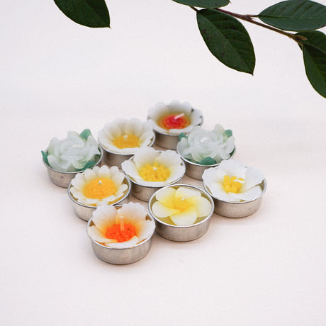 Blossom and bloom assorted white flower scented tealights. Each flower candle pop up high from a tin cup showing its beauty. Scented with Neroli essential oil a sweet, honeyed and relaxing. They can be used with any standard tealight holders. A lovely gift for any special occasion.