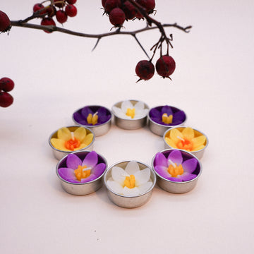 Inspired by beautiful crocuses, we create these assorted crocus tealights and include them in our collection. Love their curvy petals and little pollens. They surely will bring joy to any receivers  Scented with Neroli essential oil a sweet, honeyed and relaxing. The flower tealights can be used with any standard tea light holders. Ideal wonderful gifts for birthday, housewarming or any special occasions.