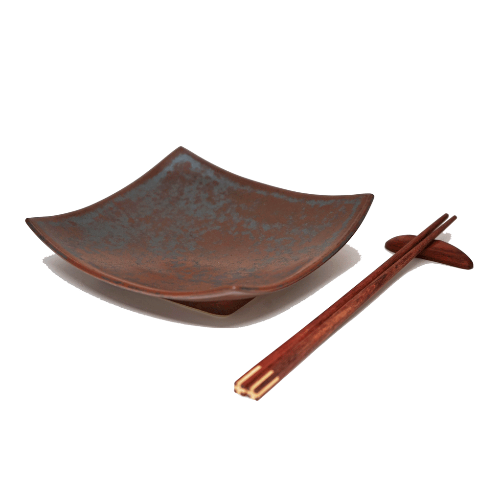 Handmade rust plate set with wooden chopsticks and rest
